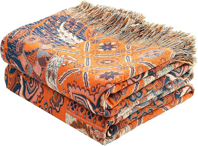 VANJOROY Boho Throw Blanket for Bed Couch 60" x 80", 100% Organic Cotton Skin-Friendly Ultra Soft Quilt Throw - Floral Rustic Living Room Decor Luxury Reversible Blanket for Sofa Chair and Gift