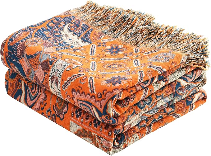 VANJOROY Boho Throw Blanket for Bed Couch 80" x 90", 100% Organic Cotton Skin-Friendly Ultra Soft Quilt Throw - Floral Rustic Living Room Decor Luxury Reversible Blanket for Sofa Chair and Gift