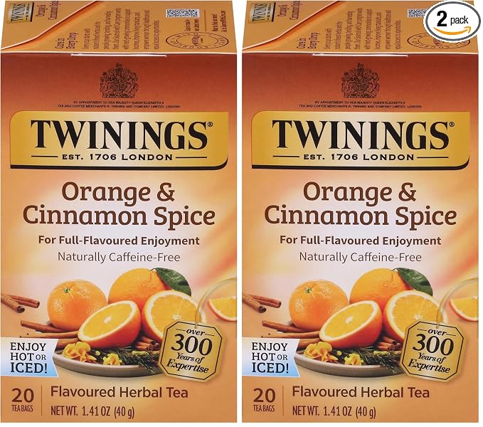 Twinings Orange & Cinnamon Spice Herbal Tea Individually Wrapped Bags, 20 Count (Pack of 2), Naturally Caffeine-Free, Enjoy Hot or Iced, 20 Teabags
