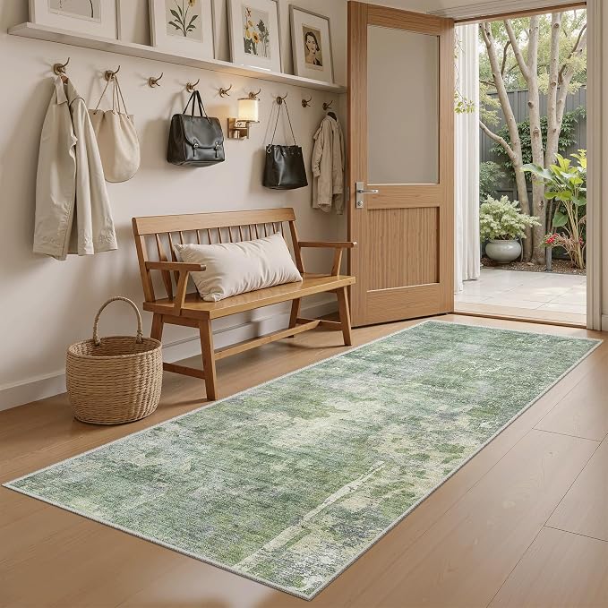 Soalmost Abstratc Runner Rug 2x5 Washable Kitchen Entry Runners Green/Ivory | Non-Slip Low-Pile Rugs for Bathroom Laundry Room, Vintage Foldable Floor Carpet Mat Hallway Entryway for Corridor Bedroom