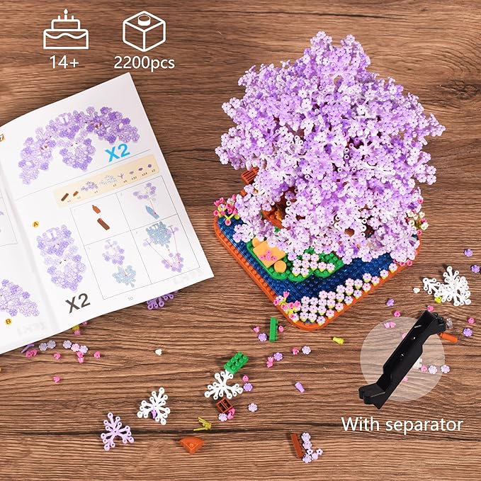 Cherry Blossom Bonsai Tree Micro Building Set Creative Gift for Adults Girls Boys 14+, Japanese Purple Cherry Tree House Micro Blocks Model for Adults, Flowers House 2200PCS