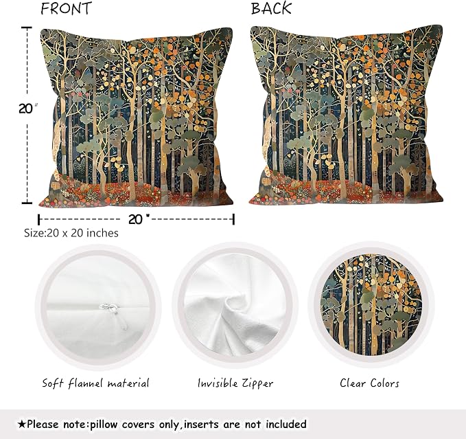 Rustic Autumn Forest William Morris Inspired Pillow Covers 20x20 Set of 2, Fall Home Room Decor, Vintage Botanical NatureDecorative Throw Pillow Covers for Home Bedroom Living Room