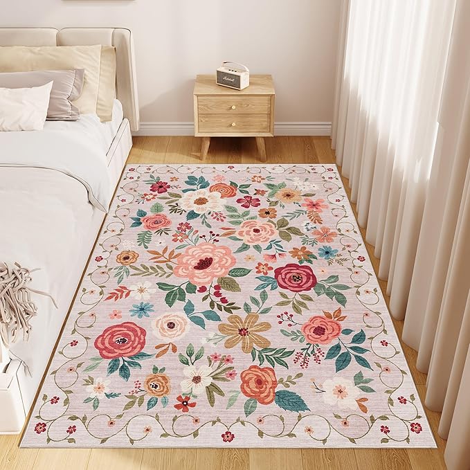 DUKINO 3x5 Area Rug, Floral Washable Rug for Bedroom Non Slip, Beige | Soft, Stain Resistant Low Pile Indoor Rug for Entryway, Bedroom, Bathroom, Living Room, Pet Friendly, Home Decor, Lightweight