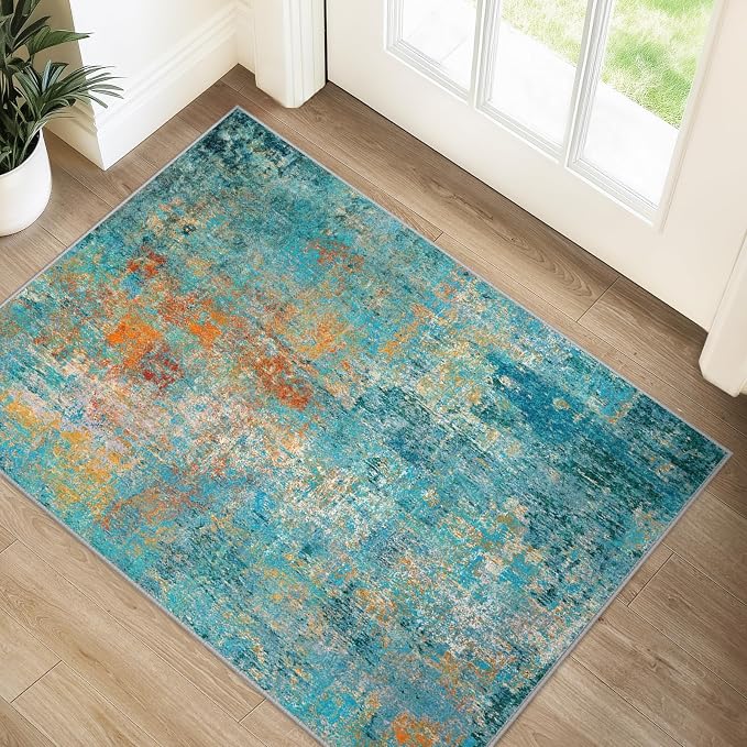 RELEANY Washable 2'x3' Abstract Area Rug for Living Room Teal Multi | carpet for bedroom, kitchen, office, hallway and entryway, printed pattern, non-slip, soft, stain-resistant, easy to clean