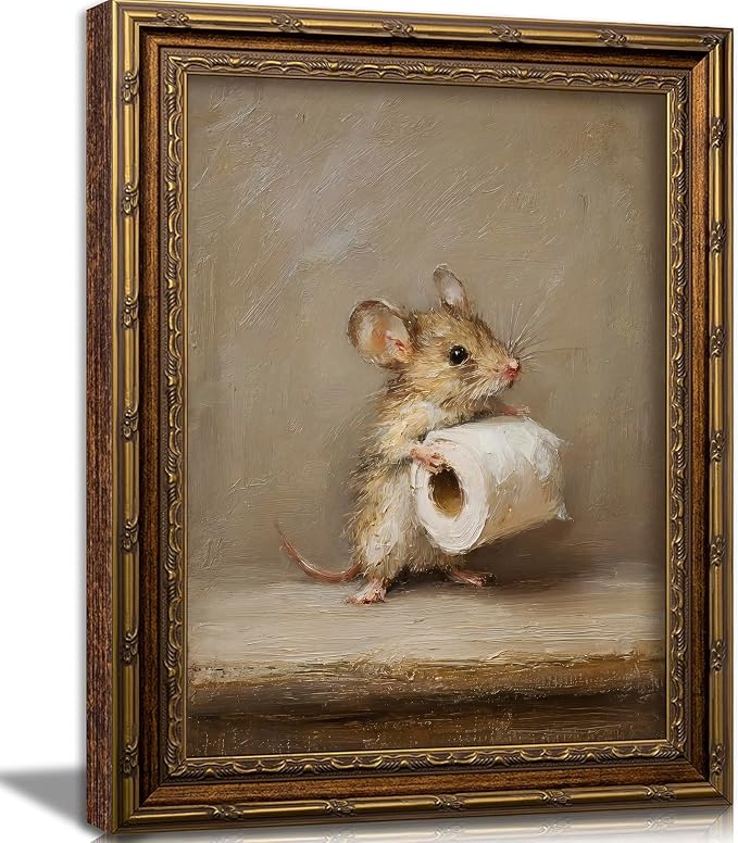 Funny Bathroom Wall Art, Vintage Gold Framed Mouse With Toilet Paper, 16x24 | Funny mouse canvas print, cute animal bathroom decor, rustic farmhouse style, wall art for restroom, washroom, or powder room