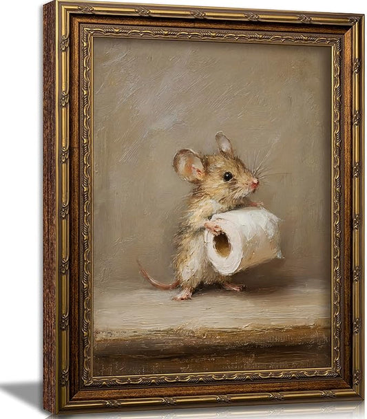 Funny Bathroom Wall Art, Vintage Gold Framed Mouse With Toilet Paper, 16x24 | Funny mouse canvas print, cute animal bathroom decor, rustic farmhouse style, wall art for restroom, washroom, or powder room