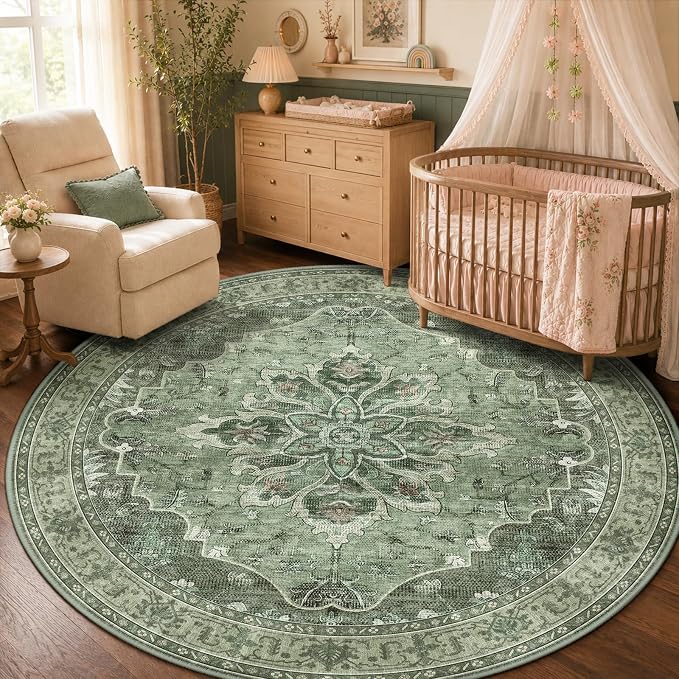 RELEANY Area Rugs Round 5ft Washable Non-Slip, Floral Vintage Distress Medallion Carpet for Living Room Bedroom Dining Room, Dark Green Gray