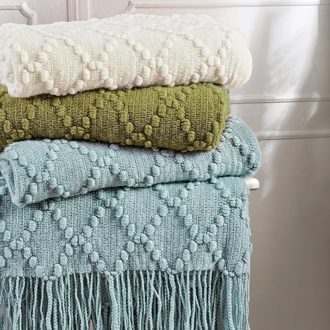 BOURINA Olive Throw Blanket 50 x70 Inch Jacquard Throw Knitted Blanket | Jacquard Argyle Throw Textured Solid Soft Throws and Blankets for Sofa or Bed Knitted Decorative Blanket