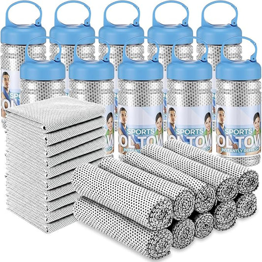 Honoson 20 Pcs Cooling Towels for Neck and Face, 47"x12" Sports Breathable Ice Towels Microfiber Chilly Sweat Rags with Portable Bottle for Gym Golf Athletes Yoga Workout Hot Weather (Light Gray)