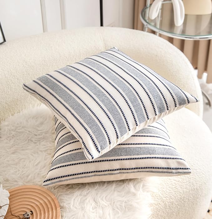 Cethom Decorative Boho Throw Pillow Covers, Farmhouse Textured Pillow Case, 18 x 18 Inch Set of 2, Chair Sofa Bedroom Living Room Decor Couch Cushion Case, Navy Blue and Beige Striped
