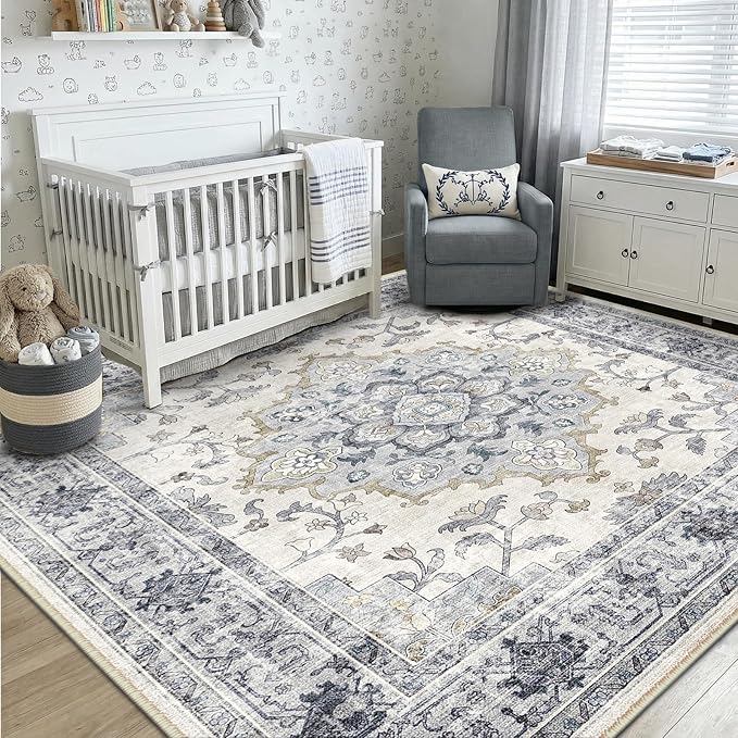 CAPALOCA 5x7 Washable Nursery Girls Low Pile Area Rug Blue White | Non-Slip Soft Rugs for Bedroom Kids Playroom Living Room, Print Pattern Water Repellent Carpet Indoor Decor