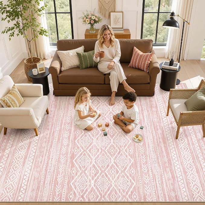 Nakagishi Area Rug Living Room Rugs: 6x9 Large Soft Machine Washable Boho Moroccan FarmNeutral Stain Resistant Indoor Floor Carpet for Bedroom Under Dining Table Home Office Decor-Pink