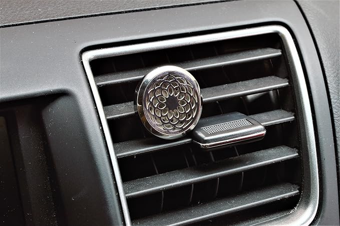 Wild Essentials Sunflower Essential Oil Car Vent Diffuser Kit – 316L Stainless Steel Locket, Rubber-Coated 4-Way Clip, 8 Color Pads (22mm), 25mm – Includes Alert & Inner Calm (2 x 10ml)