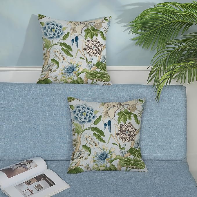 Baby Blue Green Pillow Covers 20x20 Inch Set of 2 Vintage Blue Floral Throw Pillows Chinoiserie Flower Decorative Pillow Case Outdoor Linen Farmhouse Cushion Cover for Couch Sofa Decorations