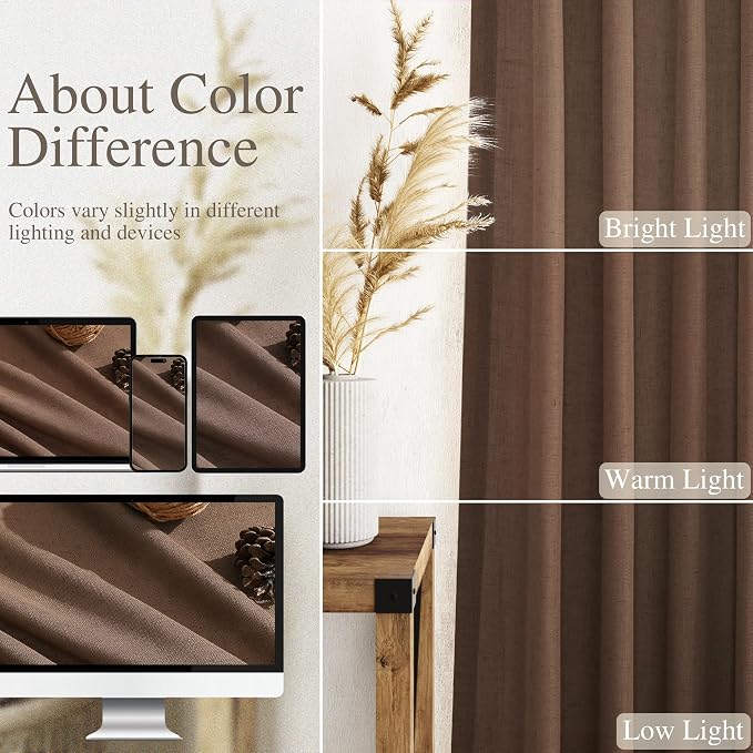 Caramel Brown Linen Curtains 90 Inch Length 2 Panels Set for Living Room Back Tab Rod Pocket Window Drapes Light Filtering Modern Farmhouse Curtain 90 Inches Long for Dining Room Nursery 52x90