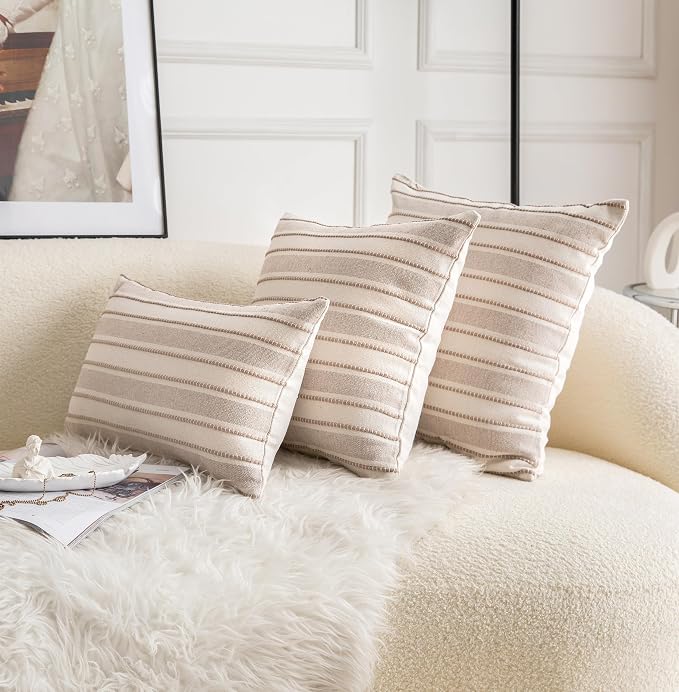 Cethom Decorative Boho Throw Pillow Covers, Farmhouse Textured Pillow Case, 18 x 18 Inch Set of 2, Chair Sofa Bedroom Living Room Home Decor Couch Cushion Case, Taupe and Beige Striped