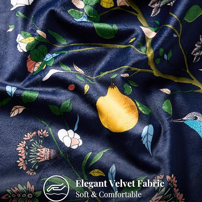 MUSSEL Navy Blue Velvet Floral Decorative 20x20 Pillow Covers Set of 2 | Durable Sturdy,Botanical Printed Pattern,Throw Pillows Case,Square,Colorful Mid Century Cushion Covers,Sofa Couch Decor