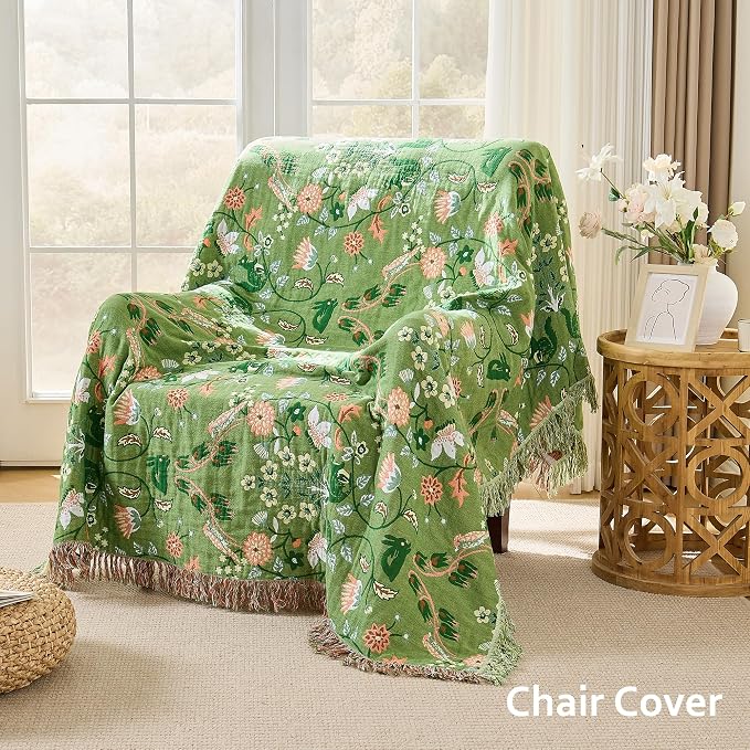 VANJOROY Boho Throw Blanket, 100% Organic Cotton Breathable Skin-Friendly Ultra Soft 50" x 60" Bed Quilt Green Throw - Floral Rustic Decor Luxury Reversible Blanket for Sofa Couch Chair and Gift,