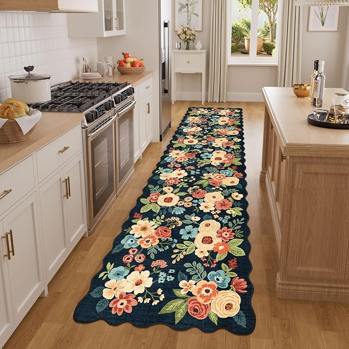 DUKINO 2x8 Washable Runner Rug, Floral Non Slip Kitchen Rugs, Navy Blue | Low Pile, Soft Throw Rug Runner for Hallway, Entryway, Bedroom, Bathroom, Pet Friendly, Stain Resistant, Home Decor