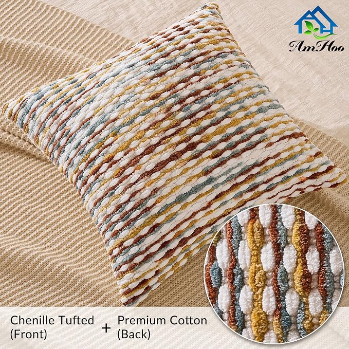 Boho Chenille Pillow Cover Decorative Tufted Pillowcase for Couch Bed Sofa Bedroom Living Room Modern 20 x 20-Inch Brown