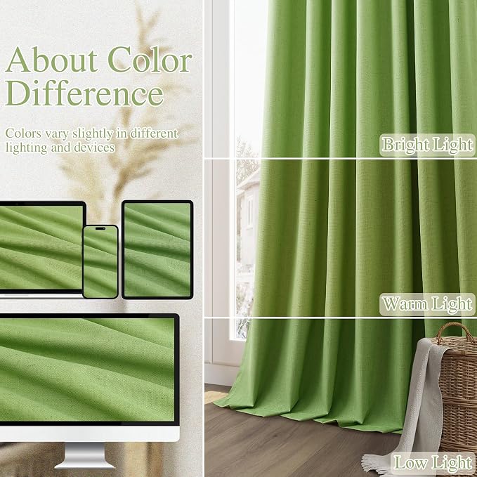 Guken 100% Blackout Curtains 90 Inch Length 2 Panels Set for Living Room Bedroom Back Tab Thermal Insulated Black Out Linen Drapes Room Darkening Lime Green,52x90