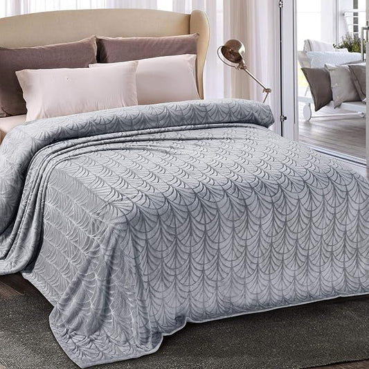 Whale Flotilla Soft Flannel Fleece Bed Blanket Queen Size, Silver Grey | Cozy Lightweight Breathable Coverlet, Plush Fluffy Bedspread, Vintage Pattern Decorative Blanket for Bed, All Season, 90"x90"
