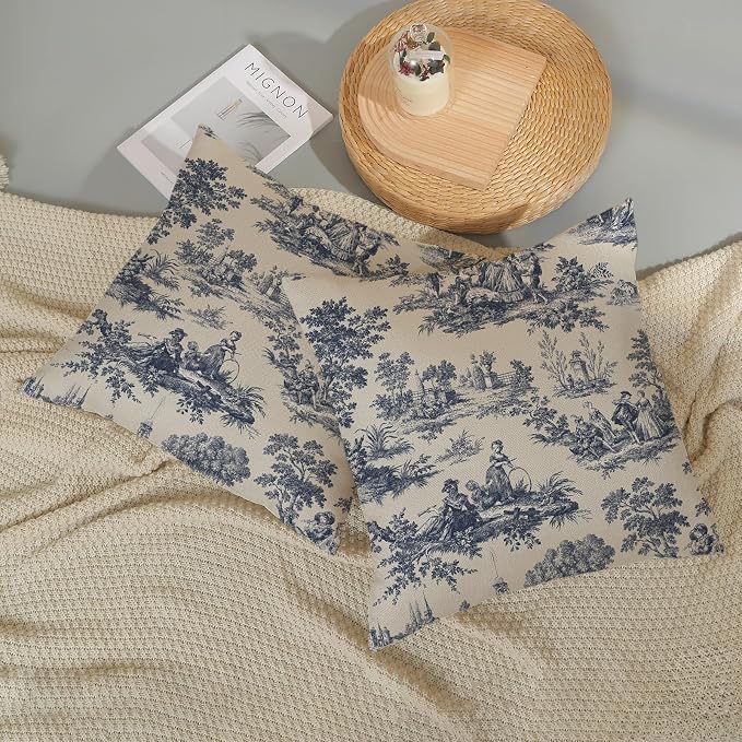 French Country Pillow Covers 20x20 Set of 2 Vintage Toile Blue Throw Pillows French Country Decor Outdoor Pillowcase Rustic Cottage Linen Decorative Farmhouse Cushion Case for Couch Bed Sofa