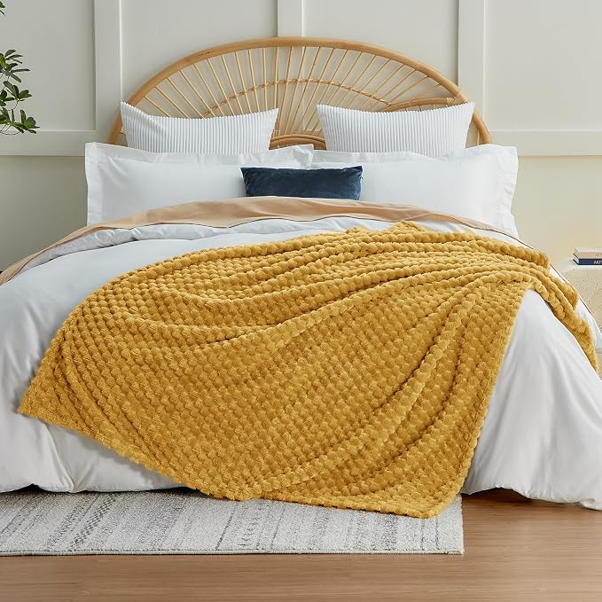 EXQ Home Gentle Soft Fleece Throw Blanket – Cozy Lightweight 3D Imitation Turtle Shell Jacquard Blanket for Couch Bed – All-Season Warm Fuzzy Flannel Blanket for Women Mom Gift(60"x80",Mustard Yellow)