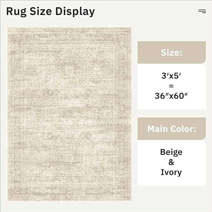 Soalmost 3x5 Rugs Non-Slip, Small Washable Kitchen Entryway Area Rug Beige | Vintage Low Pile Carpet for Nursery Coffee Table Bathroom, Foldable Stain Resistant Indoor Door Mat Entrance Powder Room