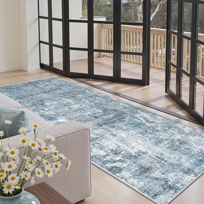 Soalmost Abstract Runner Rug 3x6 Hallway Kitchen Rugs Non-Slip, Blue/Grey | Vintage Washable Runners 6ft for Bathroom Laundry Room, Foldable Low-Pile Floor Carpet Mat for Entryway Corridor Bedroom