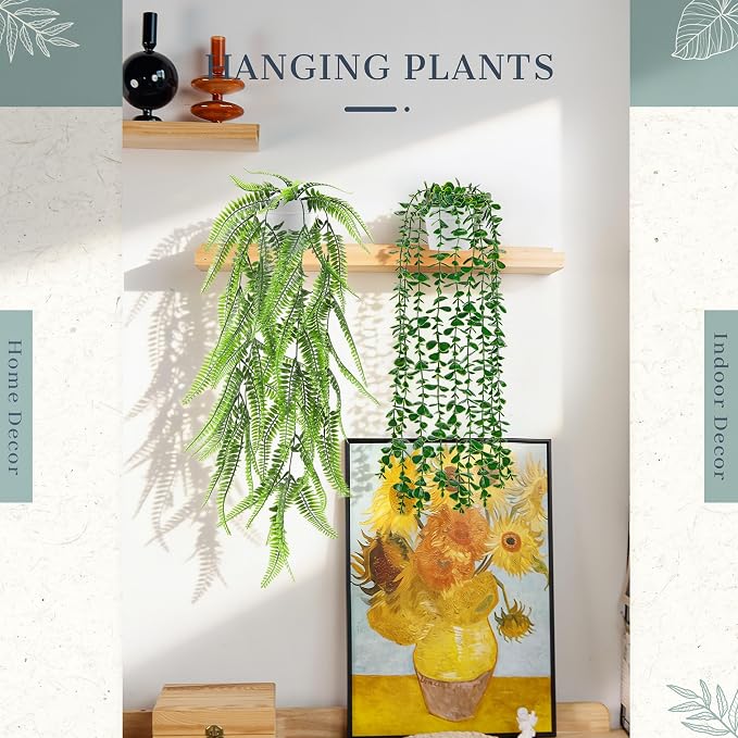 Der Rose 4Pcs Fake Hanging Plants with White Pots for Bright Shelf Decor | Faux Plants Indoor with mixed cascading styles add clean contrast and depth to mondern bathroom, kitchen, bedroom, wall decor