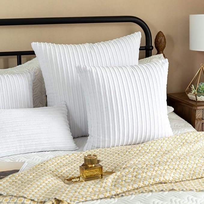 UGASA Velvet Pillow Covers Striped, Decorative Throw Cushion Case with Hidden Zipper for Home Couch/Bedroom/Car, Soft Cozy Solid Square, 1 Pack (18"x18", Pure White)