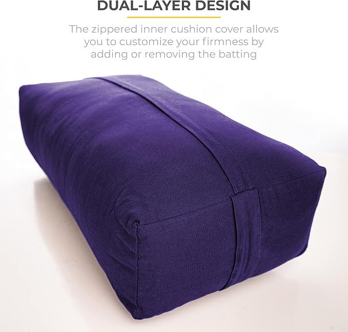 Extra Firm Large Yoga Bolster, 24" x 12" x 6" Cinched OR Zippered Yoga Pillow, Rectangular Cotton Cushion With Removable Cover for Studios, 1 Pack or 2 Pack