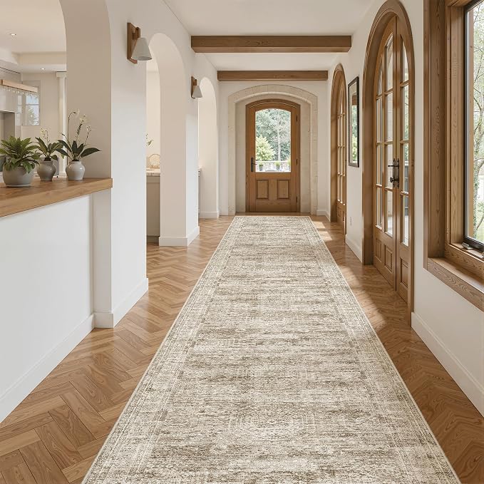 Soalmost Washable 3x14 Hallway Runner Rug Non-Slip Kitchen Entry Rugs Brown | Vintage Long Runners 14ft for Bathroom Entryway, Foldable Low-Pile Wide Floor Carpet Mat for Corridor Living Room Bedroom