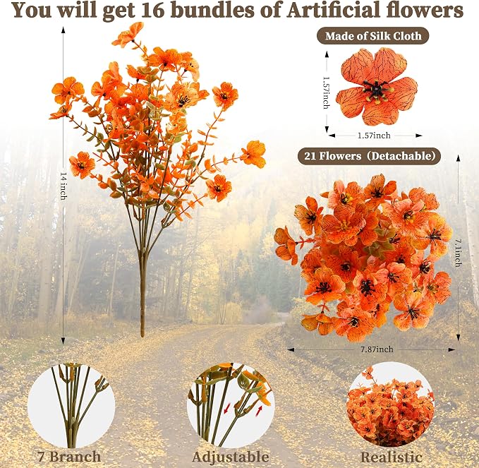ColoPlay 16 Bundles Artificial Mums for Outdoors, Fake Flowers Fall Decor | Faux Mums for Outdoor Planters, Eucalyptus Leaves UV Resistant Fake Plants for Home Porch Box Wedding Farmhouse(Fall Orange)