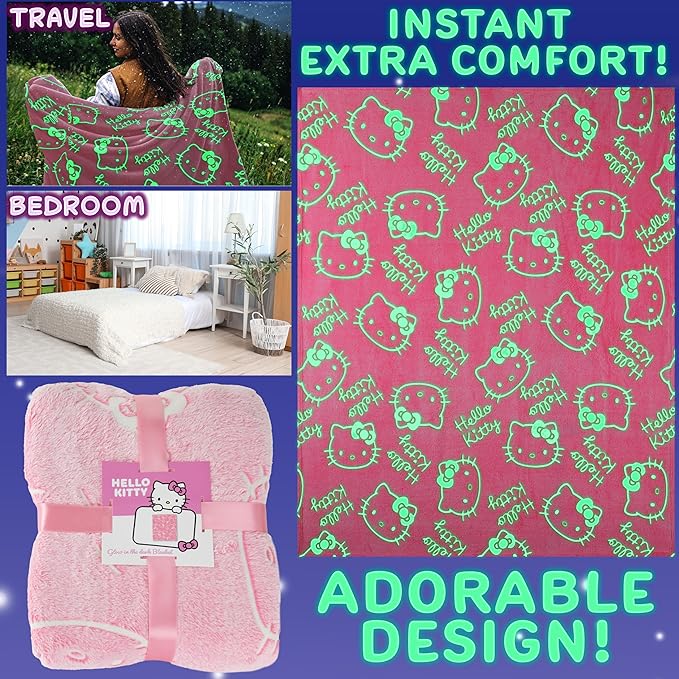 Hello Kitty Sanrio Glow in The Dark Throw Blanket 51x59” for Girls Teens Women, Soft Fleece Throw Blanket for Sofa Bed, Kawaii Gifts for Kids (Pink Hello Kitty)