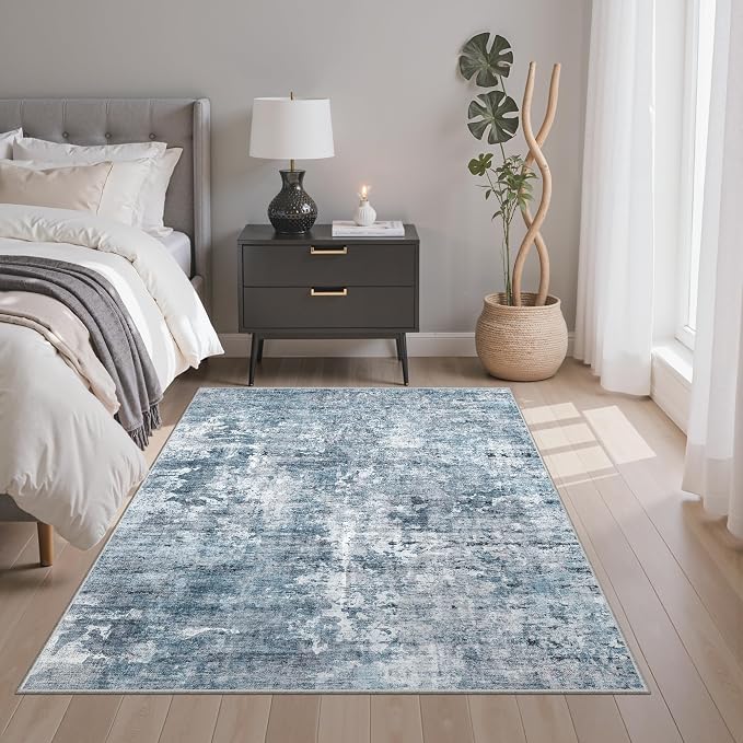 Soalmost Abstract 3x5 Rugs, Small Kitchen Entryway Area Rug Blue/Grey | Vintage Low Pile Carpet for Nursery Coffee Table Bathroom, Foldable Stain Resistant Indoor Door Mat Entrance Powder Room