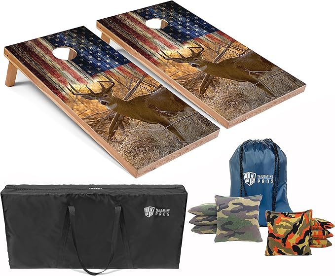 Tailgating Pros American Themed Lightweight Corn Hole Board Set w/Multicolored LED Rings, Bean, Bags, and Carrying Case - 4'x2' Cornhole Toss