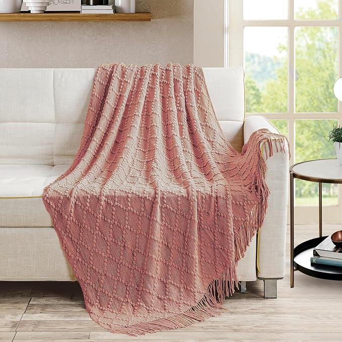 BOURINA Coral Pink Throw Blanket 50 x70 Inch Jacquard Throw Knitted Blanket | Jacquard Argyle Throw Textured Solid Soft Throws and Blankets for Sofa or Bed Knitted Decorative Blanket