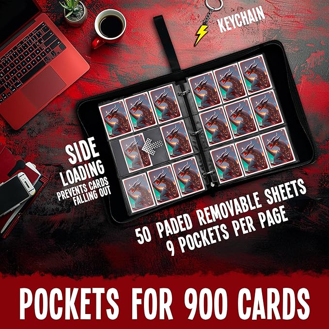 Trading Card Binder 9-Pocket – Display Pocket & ID Slot, Holds 900 Cards, Zippered 3-Ring Card Album with 50 Removable Sleeves for TCG/Sports Cards + Metal Keychain