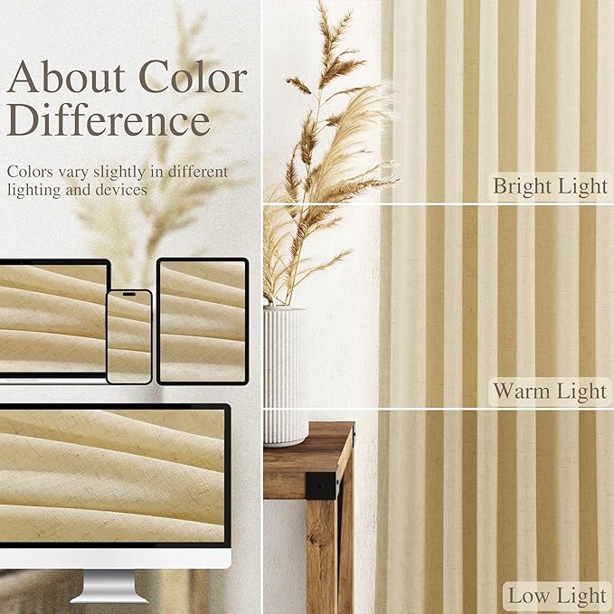 Nanspring Cream Yellow Curtains 96 Inch Length 2 Panels Set for Living Room Linen Light Filtering Modern Farmhouse Curtain Back Tab and Rod Pocket Privacy Sheer Drapes for Bedroom Office 52x96