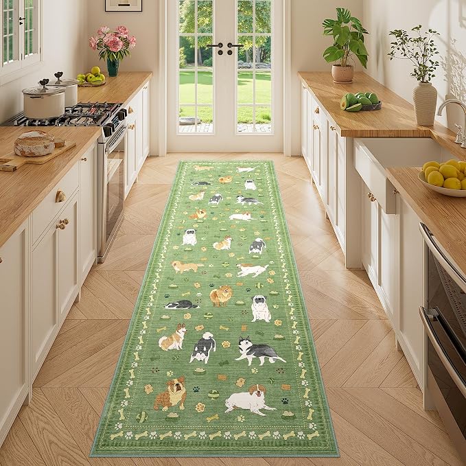 DUKINO 2x6 Kitchen Runner Rug, Washable Soft Non Slip Dog Rug, Green | Stain Resistant, Low Pile Non-Shedding Animal Carpet Runner for Hallway Laundry Entryway Bathroom Bedroom, Kid & Pet Friendly