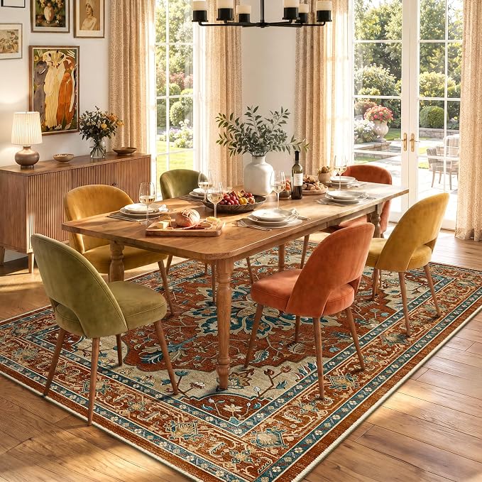 RELEANY Area Rugs 6'x9' Washable Non-Slip, Floral Vintage Distress Medallion Carpet for Living Room Bedroom Dining Room, Red Orange Blue Brown