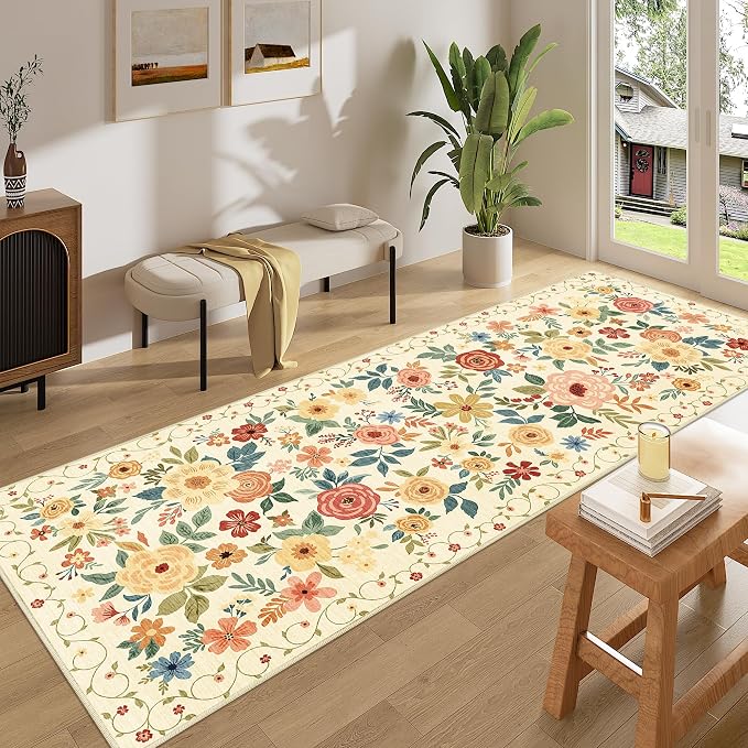 DUKINO 3x8 Hallway Runner Rug, Washable Kitchen Rug Non Slip, Beige Yellow | Soft, Low Pile, Floral Indoor Carpet Runner for Hallway, Entryway, Bedroom, Bathroom, Laundry, Pet Friendly, Home Decor