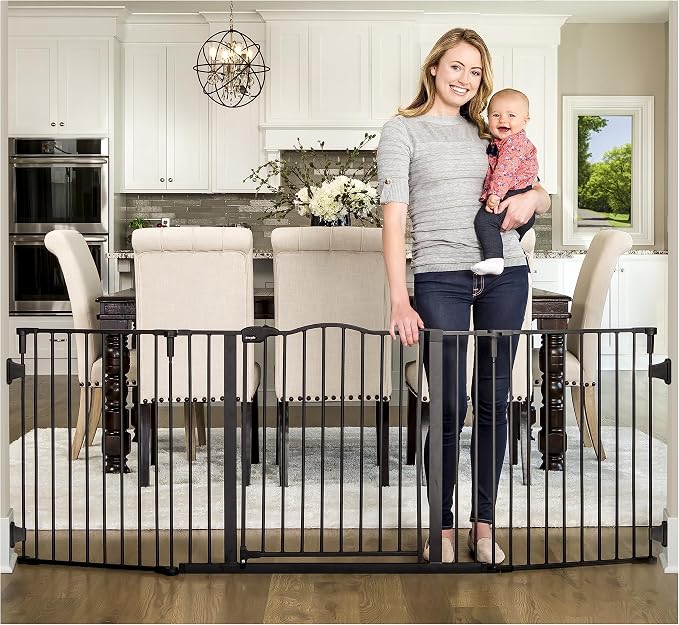Regalo Safety 56-74.5" Super Wide Baby Gate for Doorways & Open Spaces, Wall Mounted Configurable Safety Gate with Walk-Through Door for Babies, Toddlers & Pets, Black