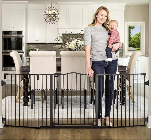 Regalo Safety 56-74.5" Super Wide Baby Gate for Doorways & Open Spaces, Wall Mounted Configurable Safety Gate with Walk-Through Door for Babies, Toddlers & Pets, Black