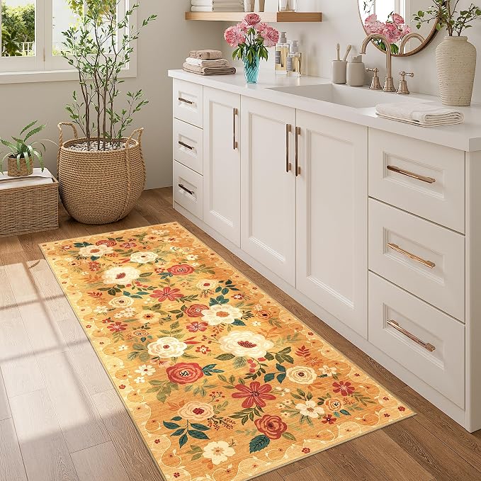 DUKINO 2x5 Runner Rug, Floral Washable Rug for Kitchen Non Slip, Orange | Low Pile, Soft, Stain Resistant Indoor Rug Runner for Entryway, Hallway, Bedroom, Bathroom, Laundry, Pet Friendly, Home Decor