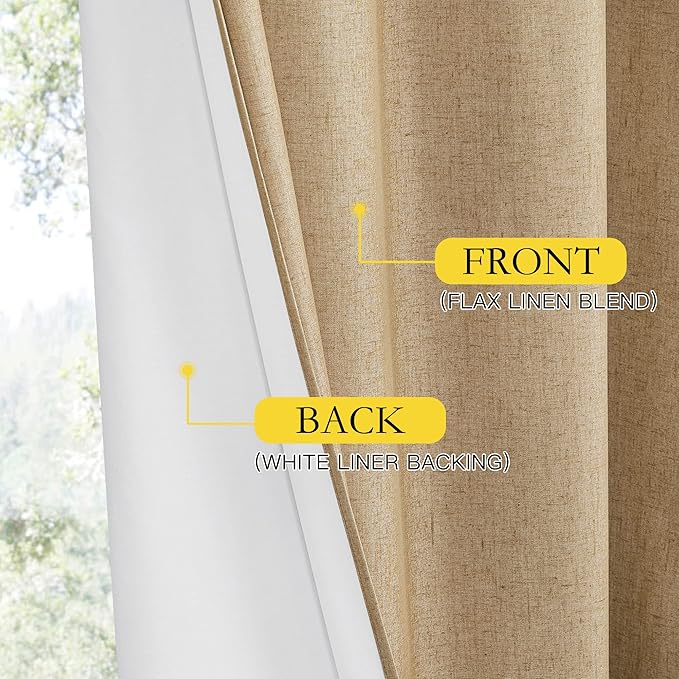 NICETOWN 100% Absolutely Blackout Linen Curtains with Thermal Insulated White Liner, Camel, 62" Wide, 2 Pieces, Privacy Vertical Window Drapes for Office Laundry Living Room Windows 84 inch Long