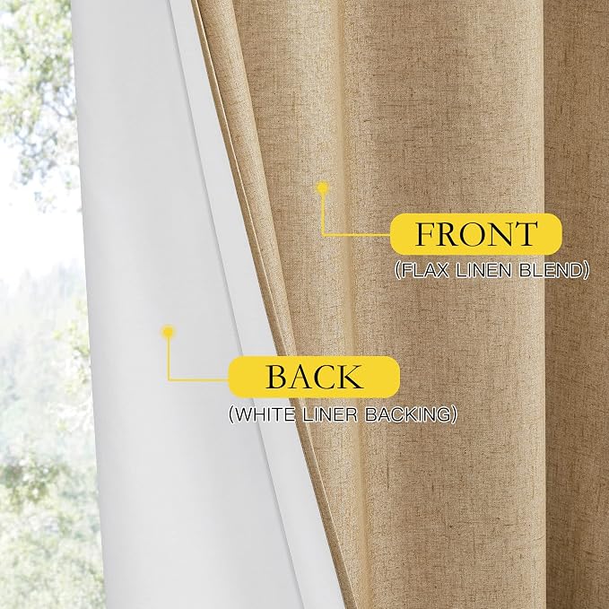 NICETOWN 100% Absolutely Blackout Linen Curtains with Thermal Insulated White Liner, Camel, W52 x L72, 2 Panels, Long Curtains 72 inch Length for Patio Door, Doorway, Office, Overnight Shiftworker