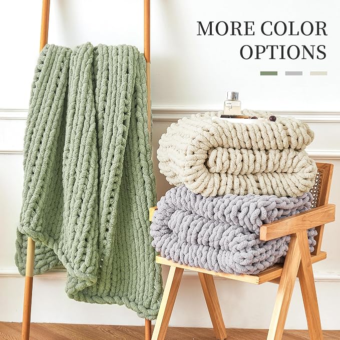 Chunky Knit Blanket Throw for Couch, 51"x63" Chunky Yarn Knitted Blankets | 100% Hand Knit Thick Chenille, Soft Breathable for Bed, Sofa, Home Decor, Cozy Gifts for Women Friends, Ivory